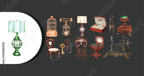 Vintage home decor collection with antique lamp and furniture