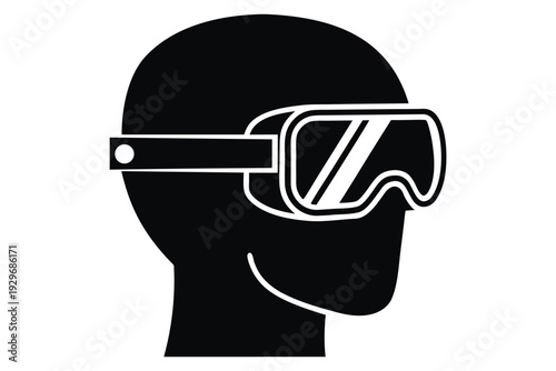 PPE protective gear eye protection Black and white silhouette of a head wearing virtual reality goggles and head strap