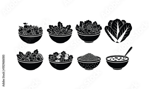 Black and white illustration of various bowls filled with produce and grains