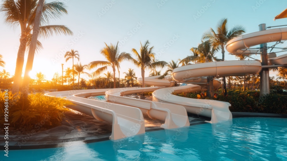 Obraz premium Gentle Winding Water Slide Curving Through Tropical Paradise at Sunset
