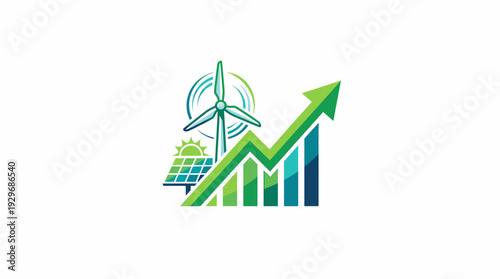 Renewable Energy Progress Illustrated with a Dynamic Growth Chart Featuring a Wind Turbine and Solar Panel