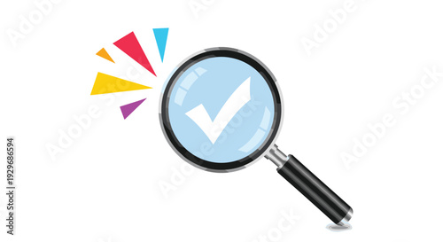 Large black magnifying glass focuses on a white checkmark on a blue circle, with colorful action lines to represent a successful search.