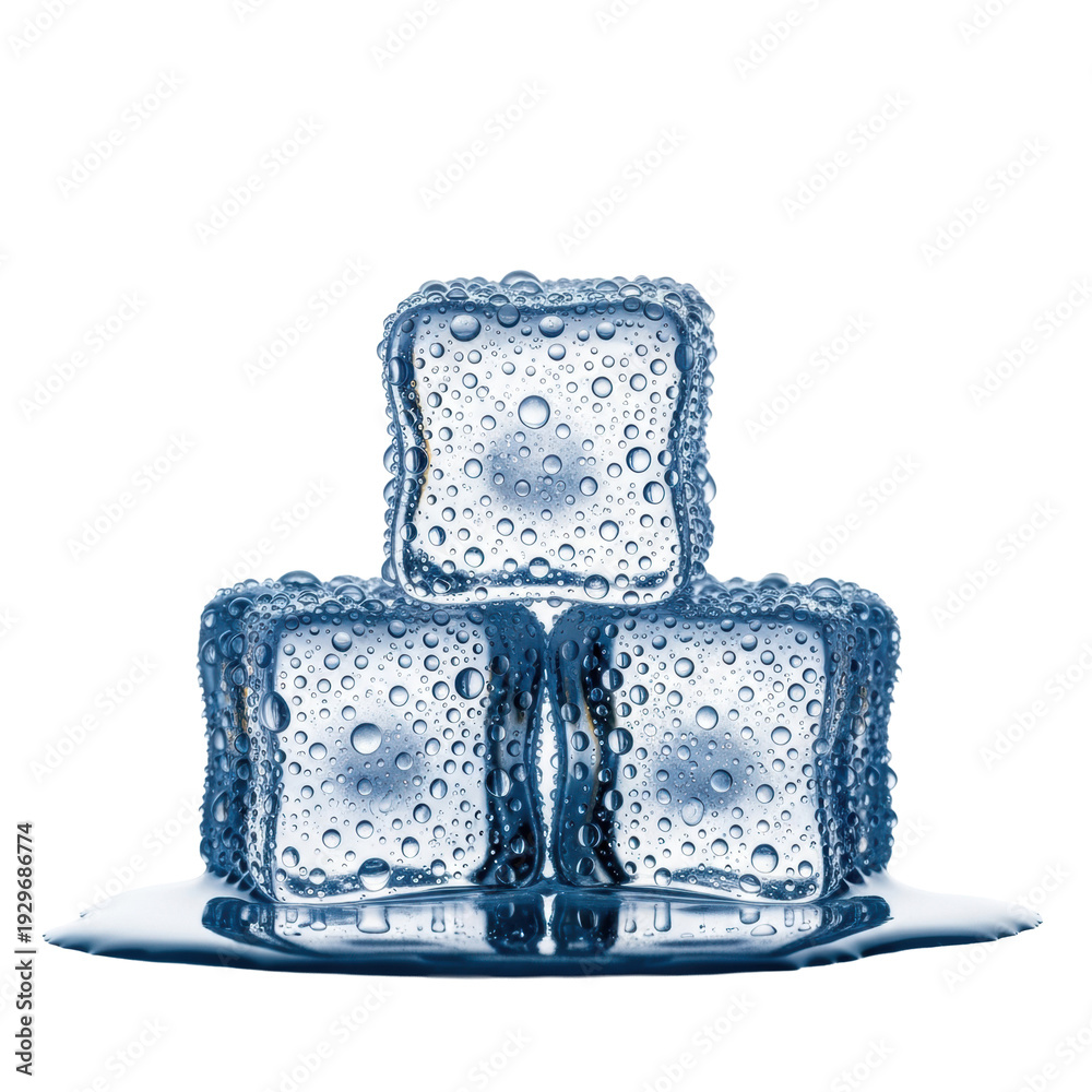 Obraz premium macro close-up of three spherical, glacial blue ice cubes stacked 1 over 2, covered in heavy condensation and frost, isolated on a transparent background with meltwater puddle. concept of ultimate