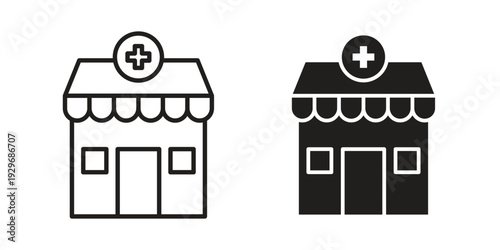 Pharmacy icons vector glyph and thin line. Black icons