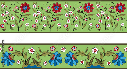 Seamless floral borders, brushes. Stylized flowers. Central Asian, Suzani, Iznik style.
