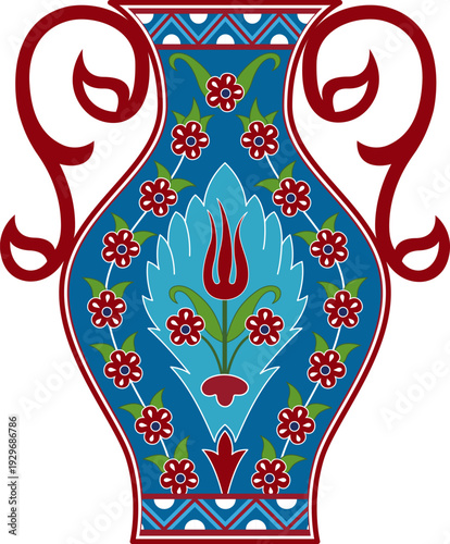 Floral illustration, stylized vase. Iznik, Suzani style. Central Asian, Turkish, Arabic art legacy. 