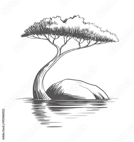 Minimalist pen ink of a solitary tree growing from a rock in water
