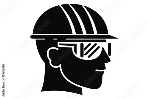 PPE protective gear eye protection Black and white silhouette of a person wearing a hard hat and virtual reality goggles profile view