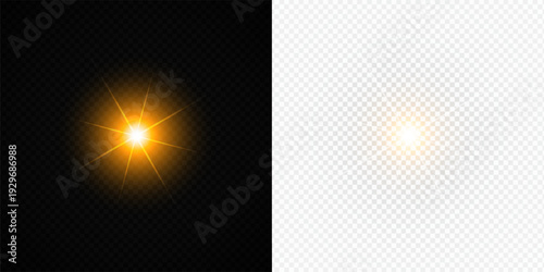 Glowing Golden Star Light Effect with Sparkle Rays and Lens Flare Illumination on Transparent Background
