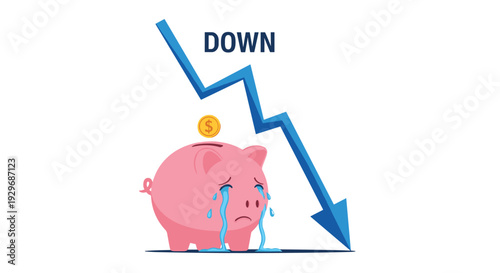 Sad crying piggy bank watches a blue arrow pointing downwards symbolizing economic recession and loss of savings value.