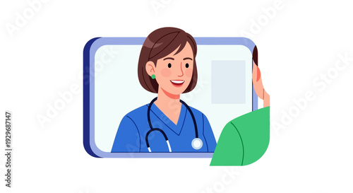 Telemedicine Consultation: Female Doctor on Video Call with Patient. Virtual Medical Healthcare and Online Doctor Visit Vector Illustration.