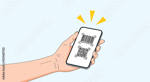 Illustration of a hand holding a modern smartphone displaying a barcode and a QR code for mobile payment and scanning.