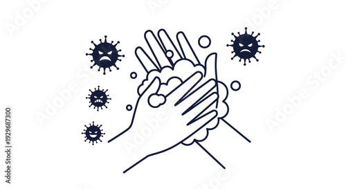 Outline illustration of hands being washed with soap bubbles surrounded by virus icons to promote hygiene and safety.