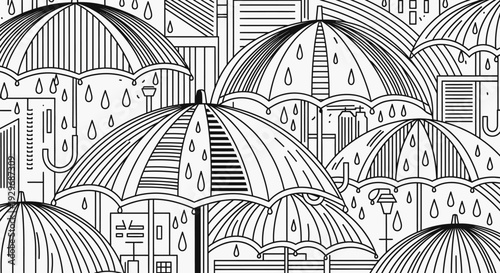Umbrellas and Raindrops in a Rainy City Pattern Background