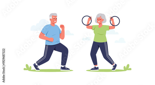 Happy Senior Couple Exercising Together: Active Lifestyle, Healthy Aging & Wellness Vector Illustration