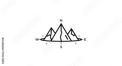 Minimalist Mountain Peak with Compass Navigation Outline Icon on Isolated White Background