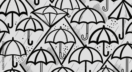 Seamless Pattern of Umbrellas and Raindrops in Grayscale Texture