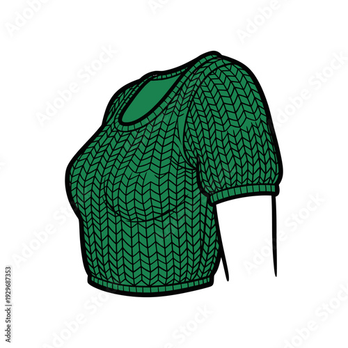 Green knitted sweater with black edging and zipper detail on white background