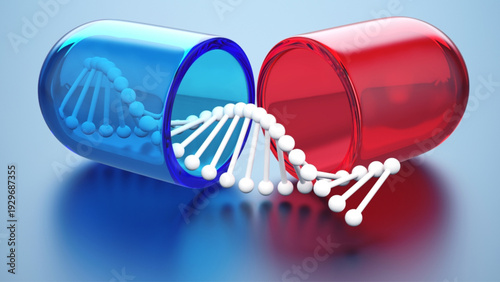 DNA helix emerging from open red and blue medical capsule