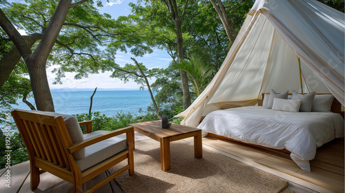 Wallpaper Mural Glamping tent in forest luxury tent, sea view nature green tourism, coastal forest accommodation, ocean-view lodging, with copy space Torontodigital.ca