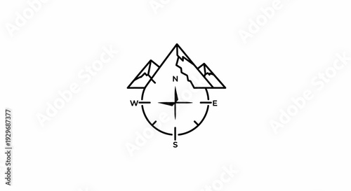 Mountain Peak with Target and Compass Outline Icon Isolated White Background