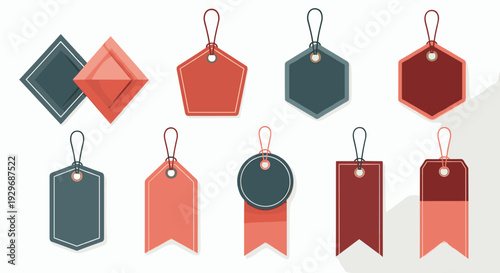 Diverse set of hanging price tags and labels in various geometric shapes like circles, pentagons, and rectangles.