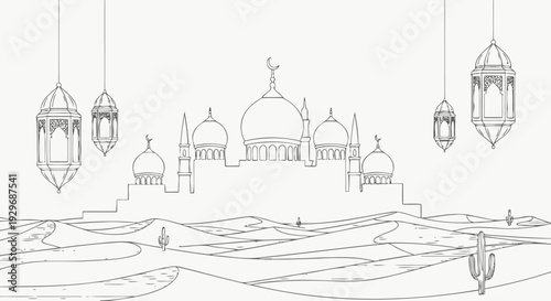Mosque Outline in Desert with Hanging Lanterns and Cacti, Serene Islamic Landscape for Ramadan on Isolated White Background