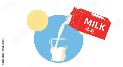 Fresh white milk is being poured from a red carton into a clear glass against a blue circle and yellow sun background.