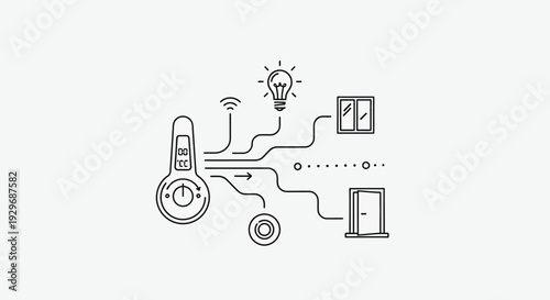 Smart Home Automation System with Connected Devices Line Art Illustration Light Grey Background