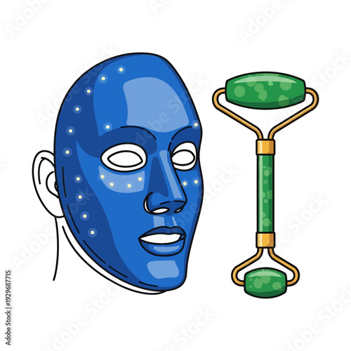 Woman wearing blue facial mask with starry night pattern and jade roller