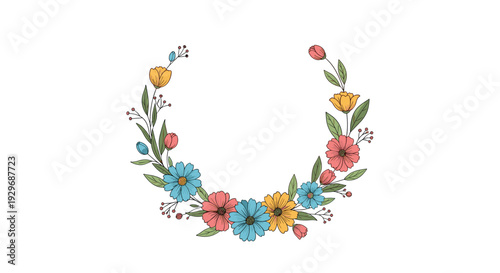 Delicate semicircular floral wreath made of hand drawn wildflowers in shades of blue, orange, and red with green leaves.