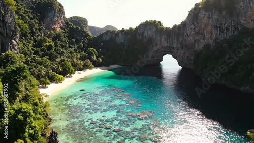 Stunning Aerial View of a Tropical Paradise Cove with Crystal Clear Turquoise Water and Lush Green Cliffs.