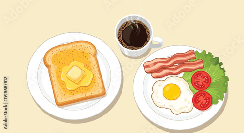 Hearty breakfast meal featuring buttered toast, fried egg, bacon strips, fresh tomatoes, lettuce, and a cup of black coffee.