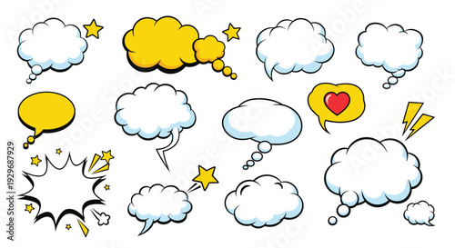 Collection of various comic style speech bubbles and thought clouds in white and yellow colors with stars and lightning.