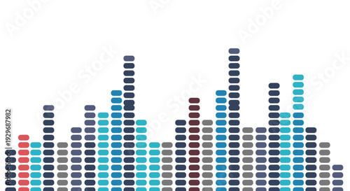 Abstract vertical bar chart composed of multi colored rounded bars in shades of blue, grey, red, and brown on a white background.