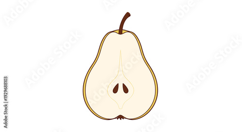 Vertical cross section slice of a ripe pear showing the core, seeds, and pale interior on a plain white background.
