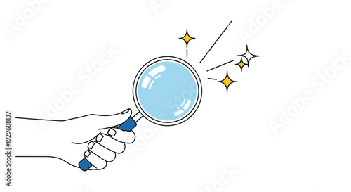 Hand holding a magnifying glass with blue lens and yellow sparkles to represent discovery, research, and high quality findings.