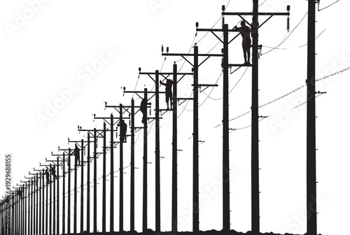 Renewable energy silhouette icons set with wind turbines, solar panels, high voltage transmission towers, and electrical utility poles for sustainable power grid infrastructure development,