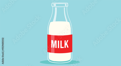 Simple glass bottle filled with fresh white milk featuring a red label with milk text on a light blue background.
