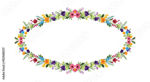 Beautiful oval shaped floral wreath composed of vibrant multi colored spring flowers and green leaves on a white background.