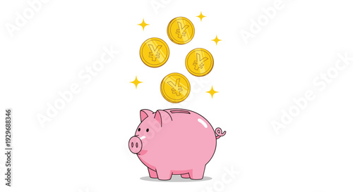 Pink piggy bank standing under falling golden yen coins with sparkling stars representing savings and financial prosperity.