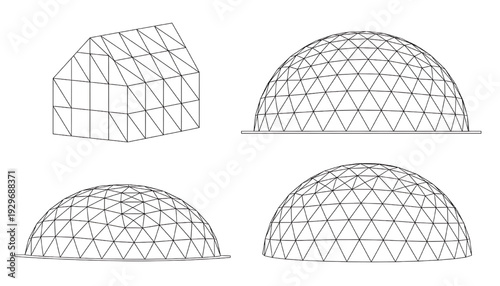 Greenhouse geodesic dome wireframe set with triangular grid lines, architectural construction outlines and engineering design