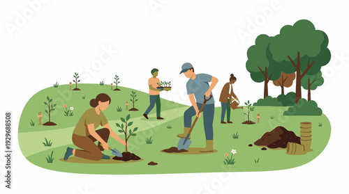 Planting Trees a Collaborative Effort by People for Environmental Reforestation and Sustainable Gardening in a Green Outdoor Landscape