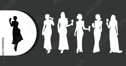 Elegant women in formal dresses enjoying wine at social gathering