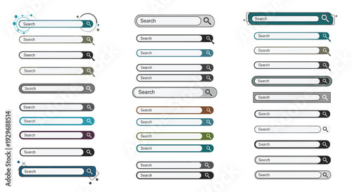Large collection of web search bar user interface elements in various colors and styles for website design and navigation.