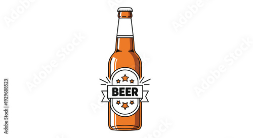Glass beer bottle with a white label featuring stars and bold text used for brewery branding and beverage advertisement.