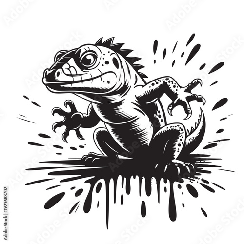 Iguana lizard character with ink splash effect vector illustration for grunge style t-shirt print or urban streetwear design on transparent background isolated reptile mascot sketch detail