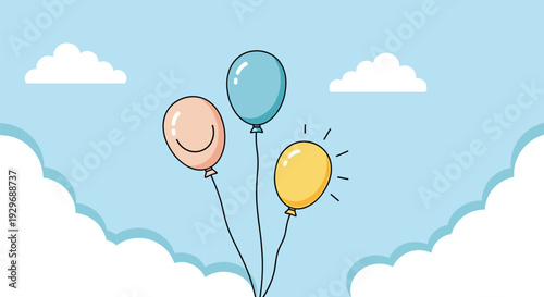 Three colorful balloons floating in a clear blue sky among fluffy white clouds representing joy and outdoor celebrations.