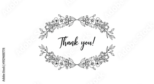 Elegant black and white floral wreath surrounding the words thank you written in a stylish cursive font for appreciation.