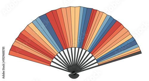 Traditional folding hand fan featuring a variety of colorful segments in red orange blue and yellow for summer cooling.